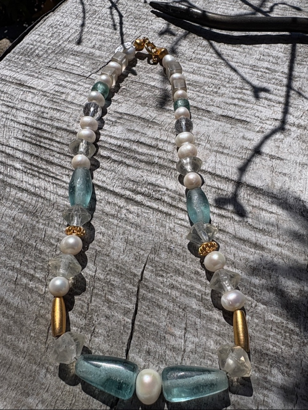 Genuine  Pearl and Sea-Glass Beaded Necklace - 24kGold Accents Artisan